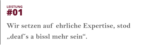 Wir setzen auf ehrliche Expertise, stod „deaf´s a bissl mehr sein“.  LEISTUNG  #01