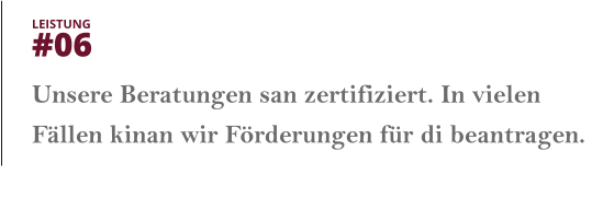 Unsere Beratungen san zertifiziert. In vielen Fällen kinan wir Förderungen für di beantragen.  LEISTUNG  #06